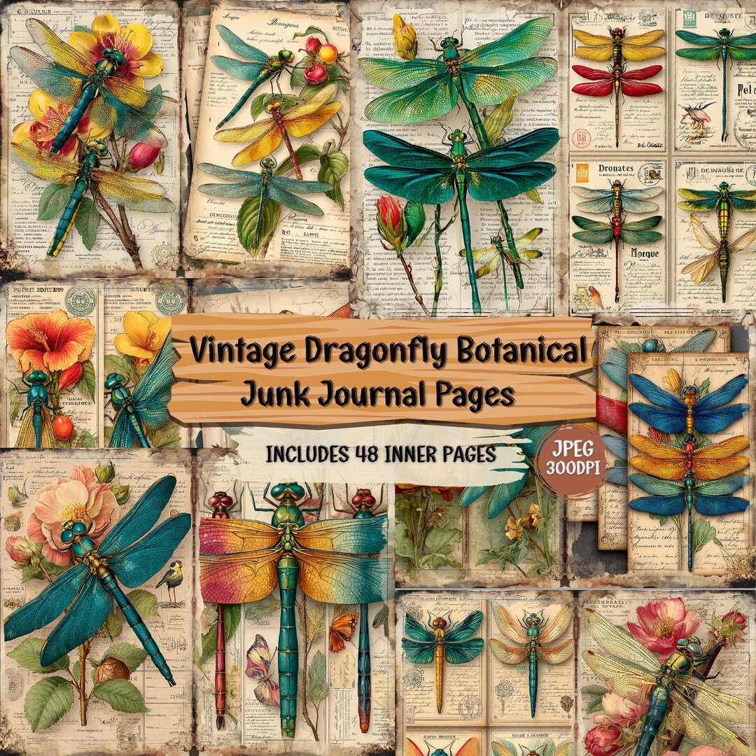 Vintage Dragonfly Junk Journal Pages: Shabby Chic Botanical Ephemera ...