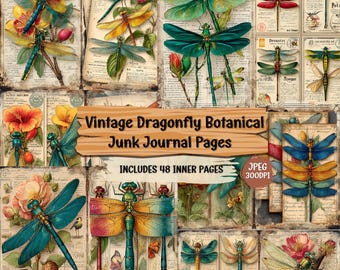 Vintage Dragonfly Junk Journal Pages: Shabby Chic Botanical Ephemera (48 JPEG Digital Download)