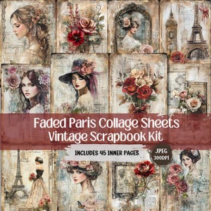 Hojas de collage de París descolorido, diario basura, kit de álbum de recortes de viaje vintage, manualidades de papel estilo shabby chic para álbumes de recortes, 45 JPEG.