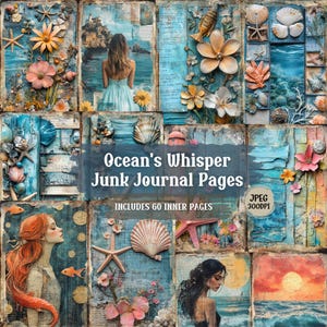 Ocean&#39;s Whisper Junk Journal Pages - Vintage Beach Books & Ocean Collage with Shells, Coastal Pastel Ephemera Printable for Scrapbooking.