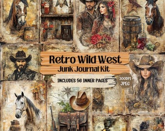 May include: A digital collage kit with a Wild West theme. The kit includes images of cowboys, horses, trains, and other Western imagery. The kit is designed for use in junk journals and other paper crafts. The kit includes 56 inner pages.
