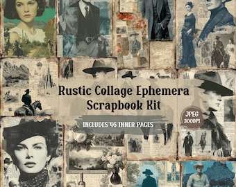 Puede incluir: Un kit de álbum de recortes estilo collage con un tema rústico. La imagen presenta retratos vintage, imágenes de vaqueros y escenas de paisajes. El texto dice "Rustic Collage Ephemera Scrapbook Kit" e "Includes 46 Inner Pages".