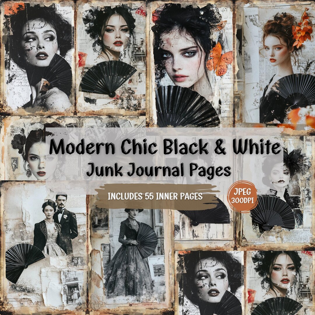 Modern Chic Black and White Junk Journal Pages | Vintage-inspired ...