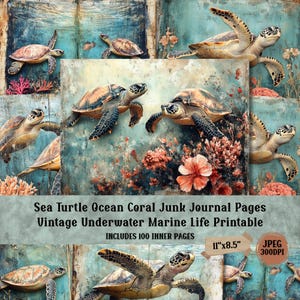Puede incluir: Un collage de estilo vintage con tortugas marinas, corales y elementos florales. La imagen tiene una paleta de colores turquesa y marrón. El texto en la imagen dice "Sea Turtle Ocean Coral Junk Journal Pages Vintage Underwater Marine Life Printable" y "11"x8.5"" (27,9 cm x 21,6 cm).