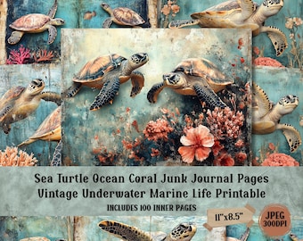 May include: A collage featuring sea turtles, coral, and floral elements. The image has a vintage aesthetic with a teal and brown color palette. Text on the image reads "Sea Turtle Ocean Coral Junk Journal Pages Vintage Underwater Marine Life Printable" and "11"x8.5"".