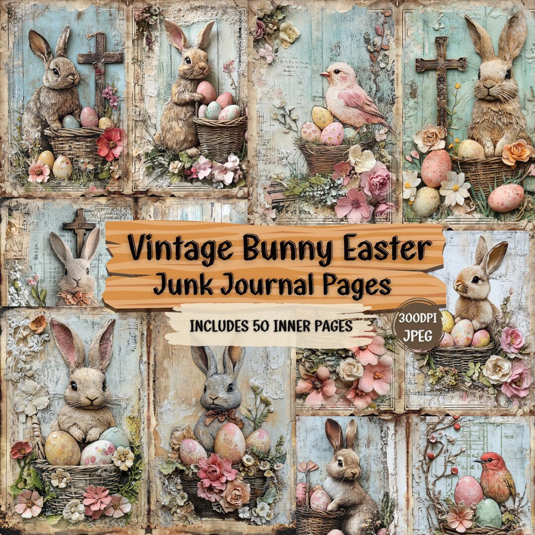Vintage Easter Bunny Junk Journal Kit: Shabby Chic Ephemera (50 JPEG ...