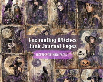 Gothic Witch Junk Journal Pages: Purple Moon & Floral Art (JPG Digital Download)