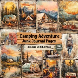 Watercolor Camping Journal Pages: Rustic Scrapbook Ephemera (52 JPEG Files)