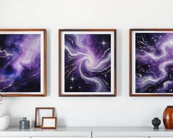 Pakiet abstrakcyjnych obrazów ściennych z motywem fioletowej galaktyki | 5 wydruków dekoracyjnych do domu z motywem mgławicy kosmicznej | Inspirowane kosmosem | Pobieranie cyfrowe