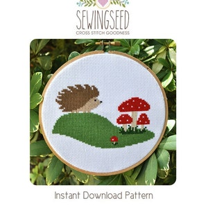 Hedgehog & Toadstool Mushrooms Cross Stitch Pattern Instant Download image 1