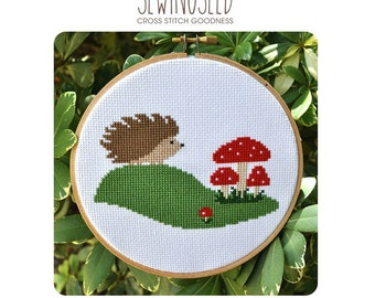 Hedgehog & Toadstool Mushrooms Cross Stitch Pattern Instant Download