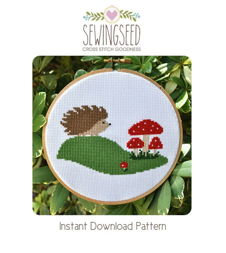 Hedgehog & Toadstool Mushrooms Cross Stitch Pattern Instant Download image 1