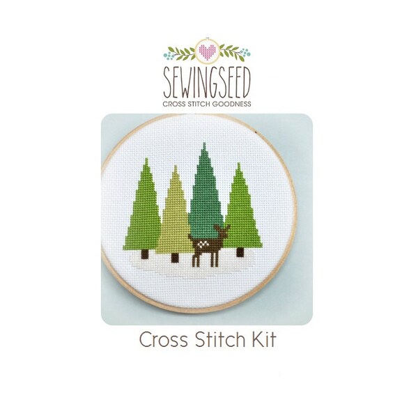 Cross Stitch Kit, Deer in the Forest, Woodland Winter, Hand Embroidery Kit, DIY Kit