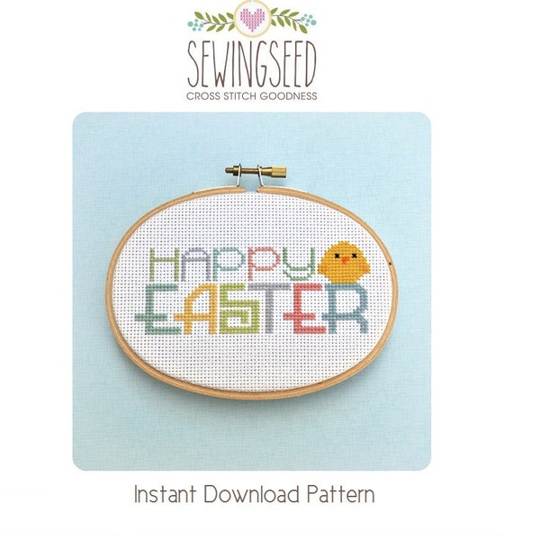 Happy Easter Baby Chick Cross Stitch Pattern, Pastel colors, spring, instant download, DIY Easter decoration