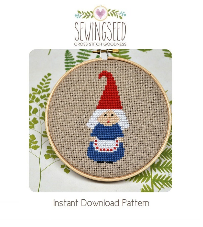 Little Old Lady Gnome Cross Stitch Pattern Instant Download image 1