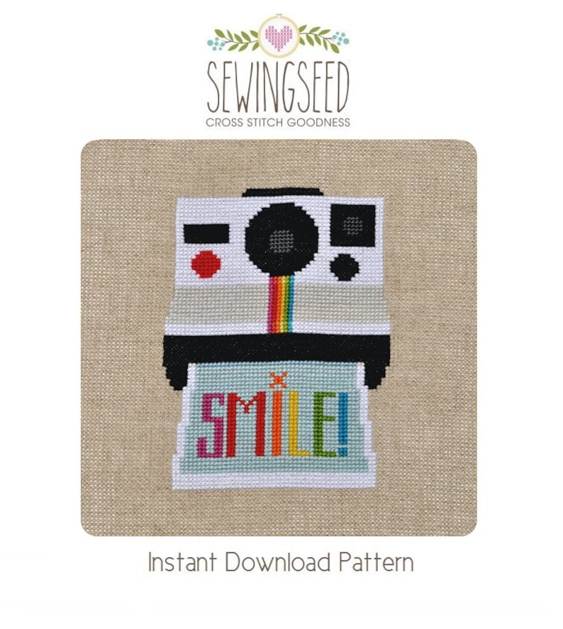 Smile Camera Cross Stitch Pattern Instant Download, Instant Camera Design, DIY Photography Cross Stitch image 1