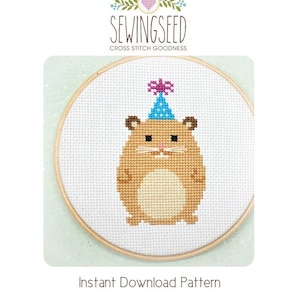 Party Animal Hamster Cross Stitch Pattern Instant Download, Happy Birthday image 1