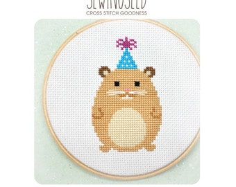 Party Animal Hamster Cross Stitch Pattern Instant Download, Happy Birthday