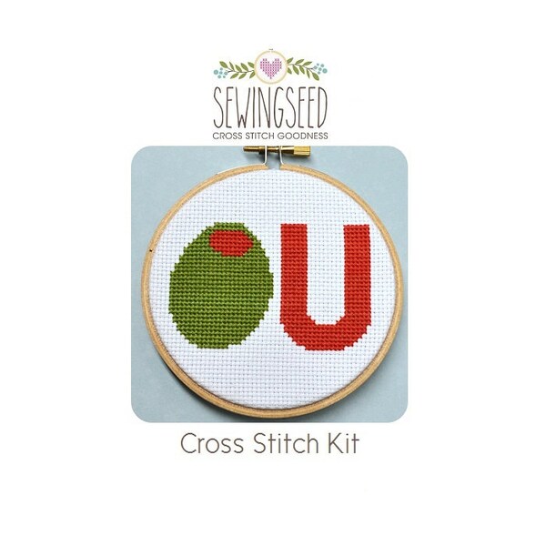 Olive U (I Love You) Cross Stitch Kit, Beginner Kit, Embroidery Kit