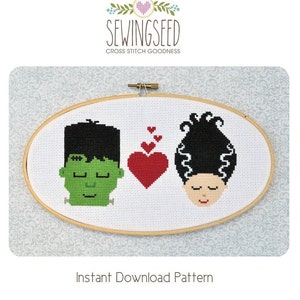 Frankenstein in Love Cross Stitch Pattern Instant Download, Bride of Frankenstein image 1