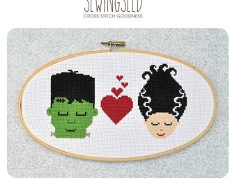 Frankenstein in Love Cross Stitch Pattern Instant Download, Bride of Frankenstein