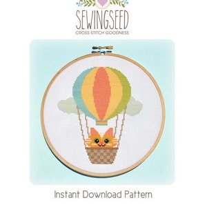 Kitty Balloon Cross Stitch Pattern Instant Download, Up and Away, Hot Air Balloon, Adventure