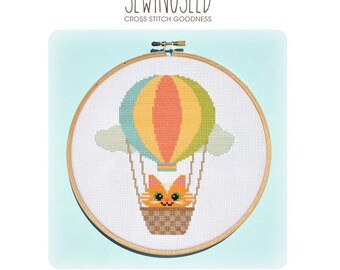 Kitty Balloon Cross Stitch Pattern Instant Download, Up and Away, Hot Air Balloon, Adventure