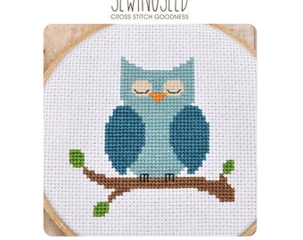 Cross Stitch Pattern, Owl Cross Stitch, Blue Owl, Instant Download, Nursery