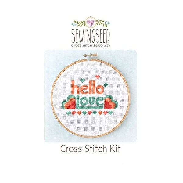 Hello Love Cross Stitch Kit, Easy, DIY Kit, Embroidery Kit, DIY Engagement, Wedding Gift Idea