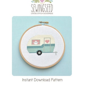 Retro Camper, Vintage Travel Trailer Cross Stitch Pattern Instant Download, Adventure, Road Trip, Camping image 1