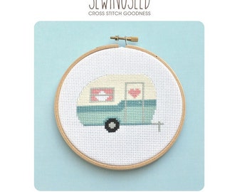 Retro Camper, Vintage Travel Trailer Cross Stitch Pattern Instant Download, Adventure, Road Trip, Camping