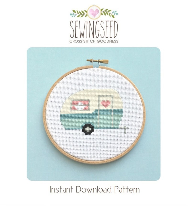 Retro Camper, Vintage Travel Trailer Cross Stitch Pattern Instant Download, Adventure, Road Trip, Camping image 1