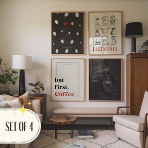 May include: Set of four black and white coffee-themed prints with minimalist designs. The prints feature coffee beans, coffee brewing equipment, and the text "but first, coffee".