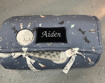 Personalized Toddler Nap Mat: I Love You to the Moon Space Theme, Minky Blanket, Janiebee