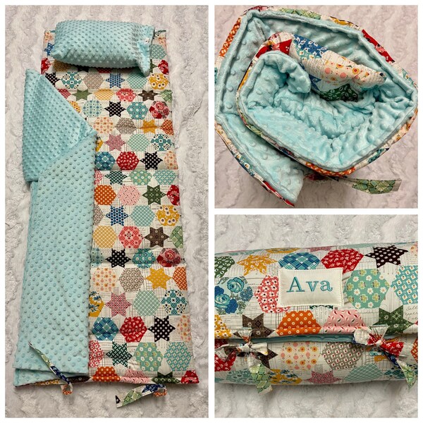 Next Day Shipping Ava Patchwork Quilted Toddler Nap Mat by Janiebee Thickest Machine Washable Nap Mat  Attached pillowcase with pillow.