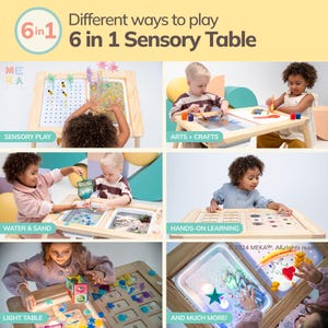 May include: A 6-in-1 sensory table with different activities for children, including sensory play, arts and crafts, water and sand play, hands-on learning, and a light table. The table is made of wood and has a light blue and yellow color scheme.