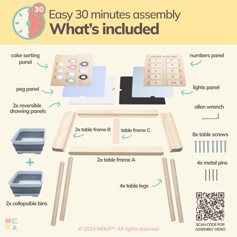May include: A wooden activity table with various learning panels, including a color sorting panel, a peg panel, a numbers panel, and a lights panel. The table also includes two reversible drawing panels, two collapsible bins, and a set of assembly instructions. The table is easy to assemble and takes approximately 30 minutes.