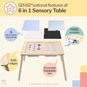 May include: A wooden sensory table with six interchangeable play panels, including a counting board, a peg board, and a mirror. The table has removable foldable bins and safe edges. Free printables are included.