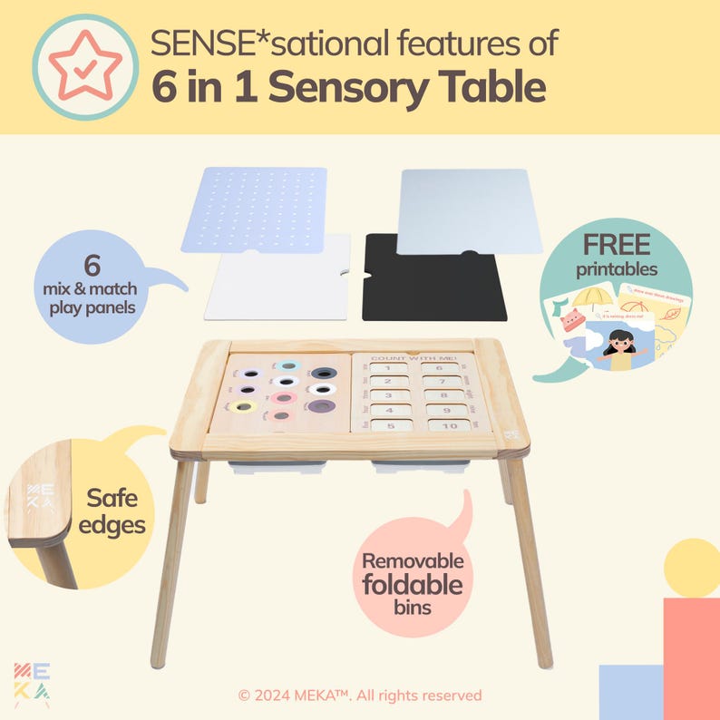 May include: A wooden sensory table with six interchangeable play panels, including a counting board, a peg board, and a mirror. The table has removable foldable bins and safe edges. Free printables are included.