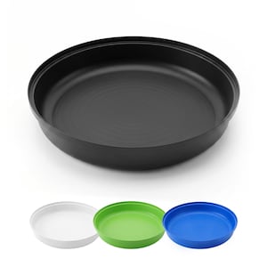 May include: A large black circular tray with a raised rim, accompanied by three smaller circular trays in white, green, and blue. Each tray features a smooth, matte finish and a consistent design with a shallow basin and a distinct outer edge.