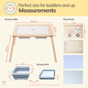 May include: A wooden sensory table with two removable bins, measuring 28.3 inches wide, 20.3 inches deep, and 20.8 inches high. The table includes a white play surface and three play panels: a shape sorter, a counting panel, and a peg board.