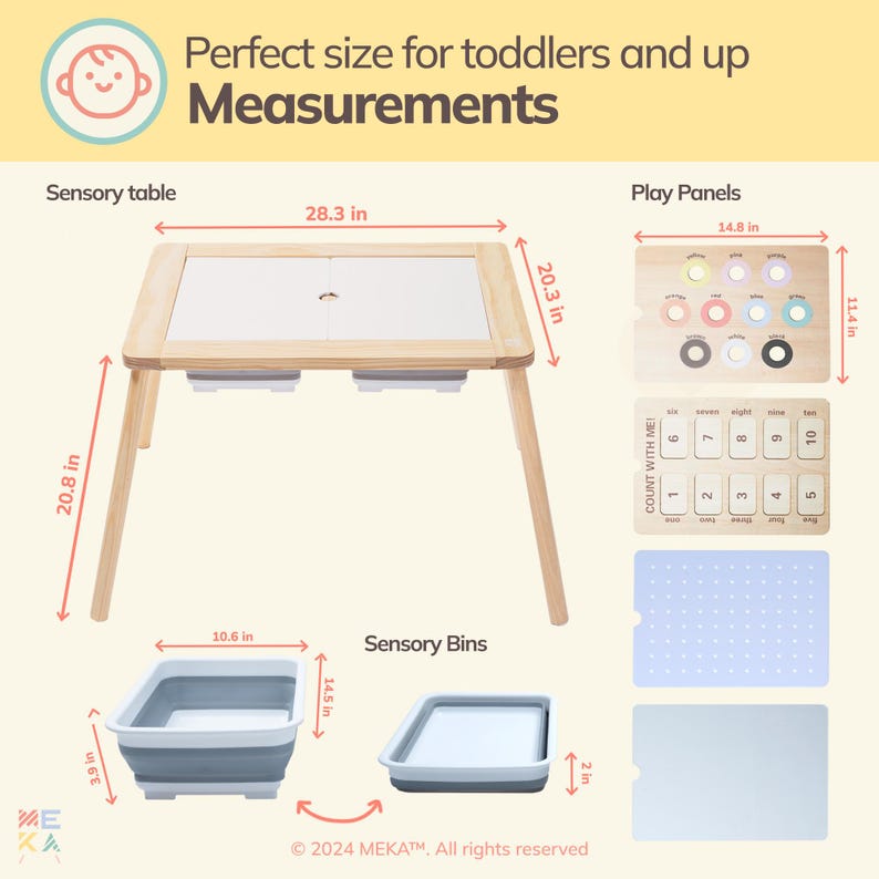 May include: A wooden sensory table with two removable bins, measuring 28.3 inches wide, 20.3 inches deep, and 20.8 inches high. The table includes a white play surface and three play panels: a shape sorter, a counting panel, and a peg board.