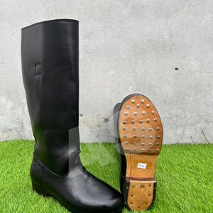Handmade Black Leather Tall Military Riding Boots | Cavalry Combat Boots | Hobnail Sole Horse Riding Boots | Custom Leather Boots