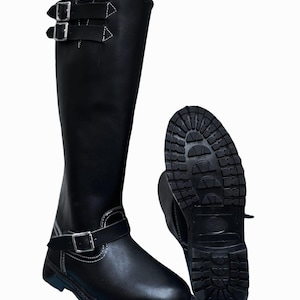 Handcrafted Black Leather Boots for Men, Long Boots, Vintage Biker Boots, Engineer Style Footwear, Men&#39;s Motorcycle Rider Boots with Buckles
