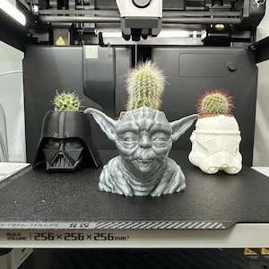 Può includere: Tre vasi stampati in 3D a forma di Yoda, Darth Vader e un soldato delle tempeste, ciascuno con un piccolo cactus. I vasi sono grigi, neri e bianchi. L'allestimento è su una superficie nera all'interno di una stampante 3D.