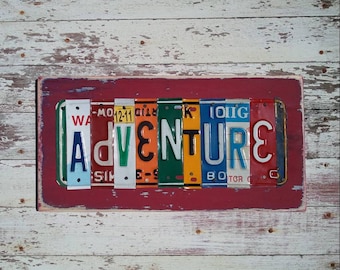 ADVENTURE road trip travel Mancave Word Block Sign Custom Funky States License Plate Art Recycled Girls Boys Kid's Room Artwork