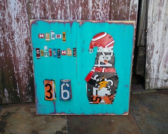 Funky PENGUIN CHRISTMAS Advent Calendar - Teal Red Awesome Christmas Countdown - Recycled License Plate Art Upcycled Artwork