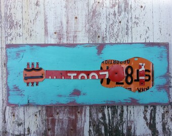 License Plate Art - Funky Music Guitar Rock and Roll - Recycled Art Company - Salvaged - Upcycled Artwork gift for musician son man teen