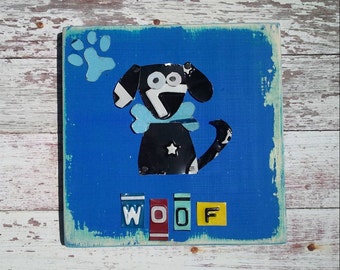 Funky Dog Black on Peacock Aqua with Baby Blue Bone Paw Woof Nursery Boy Toddler Animal Custom License Plate Art Recycled States