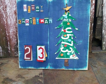 Funky CHRISTMAS TREE  CHRISTMAS Advent Calendar - Teal Red Awesome Christmas Countdown - Recycled License Plate Art Upcycled Artwork